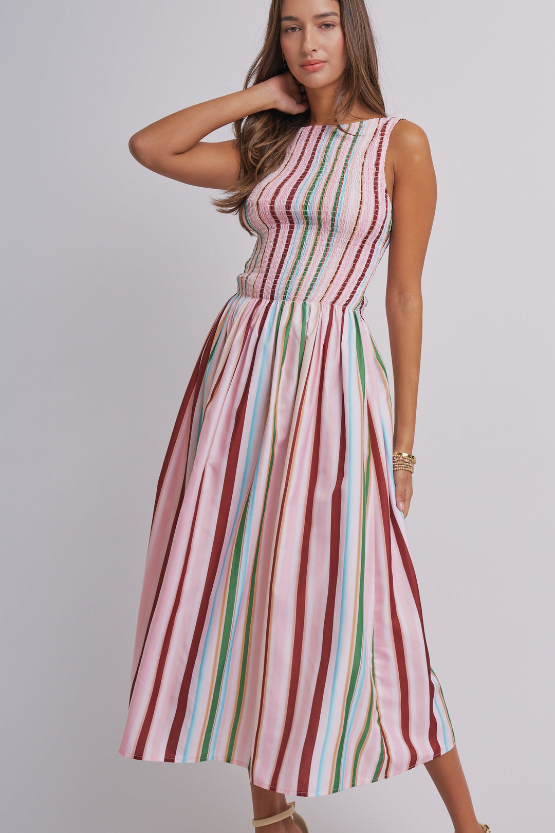 Candy Stripe Smocked Midi Dress in Multi - Women's Wholesale Dresses | Trend Notes
