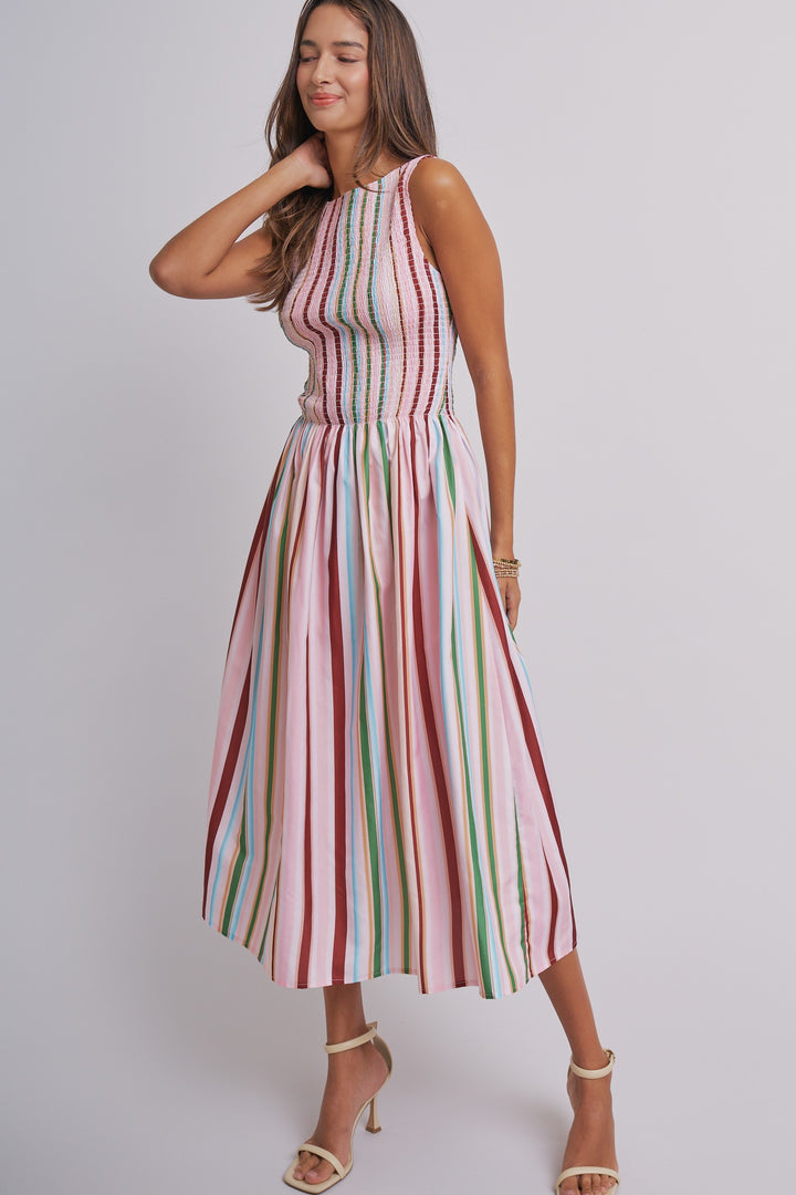 Candy Stripe Smocked Midi Dress in Multi - Women's Wholesale Dresses | Trend Notes