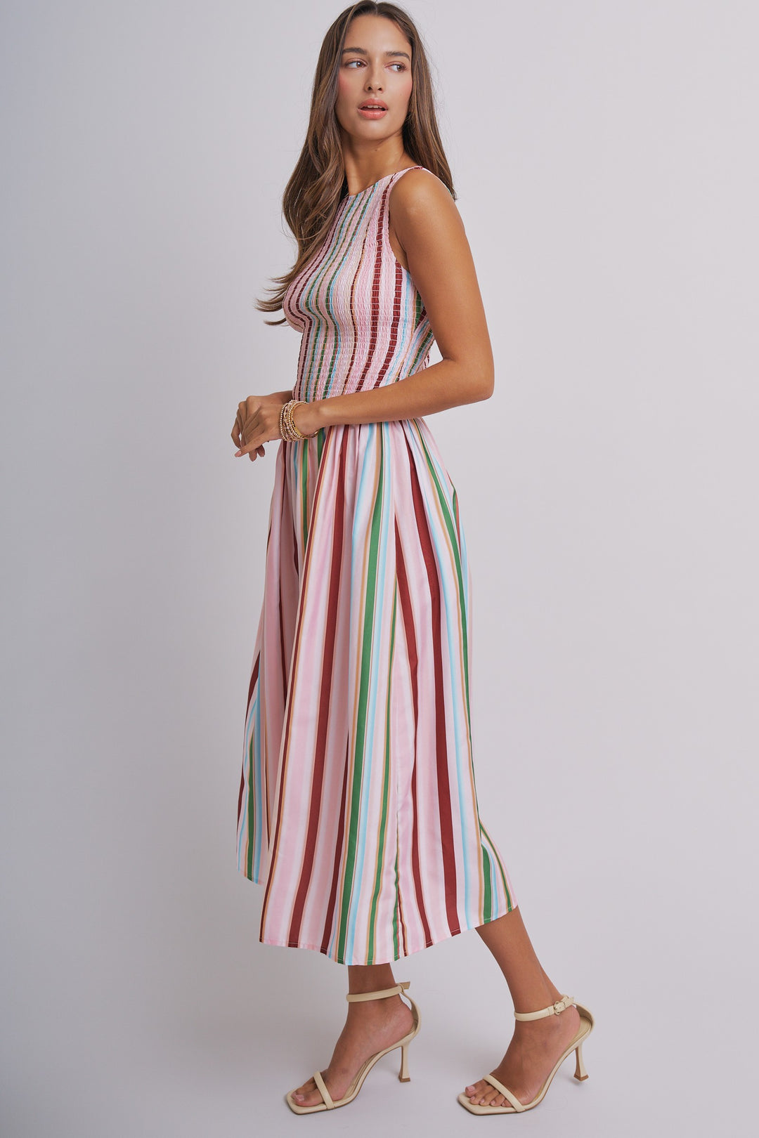Candy Stripe Smocked Midi Dress in Multi - Women's Wholesale Dresses | Trend Notes