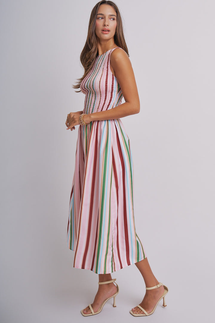 Candy Stripe Smocked Midi Dress in Multi - Women's Wholesale Dresses | Trend Notes