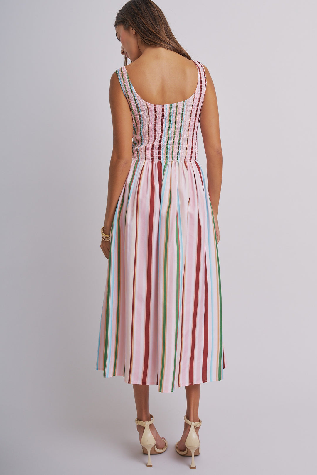 Candy Stripe Smocked Midi Dress in Multi - Women's Wholesale Dresses | Trend Notes