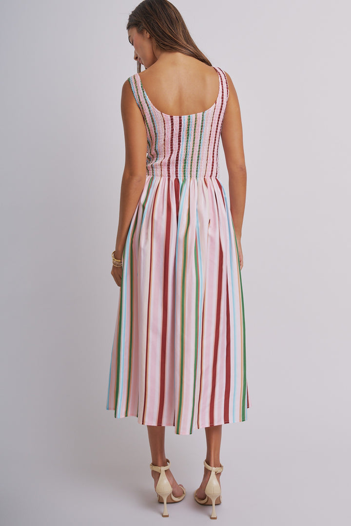 Candy Stripe Smocked Midi Dress in Multi - Women's Wholesale Dresses | Trend Notes
