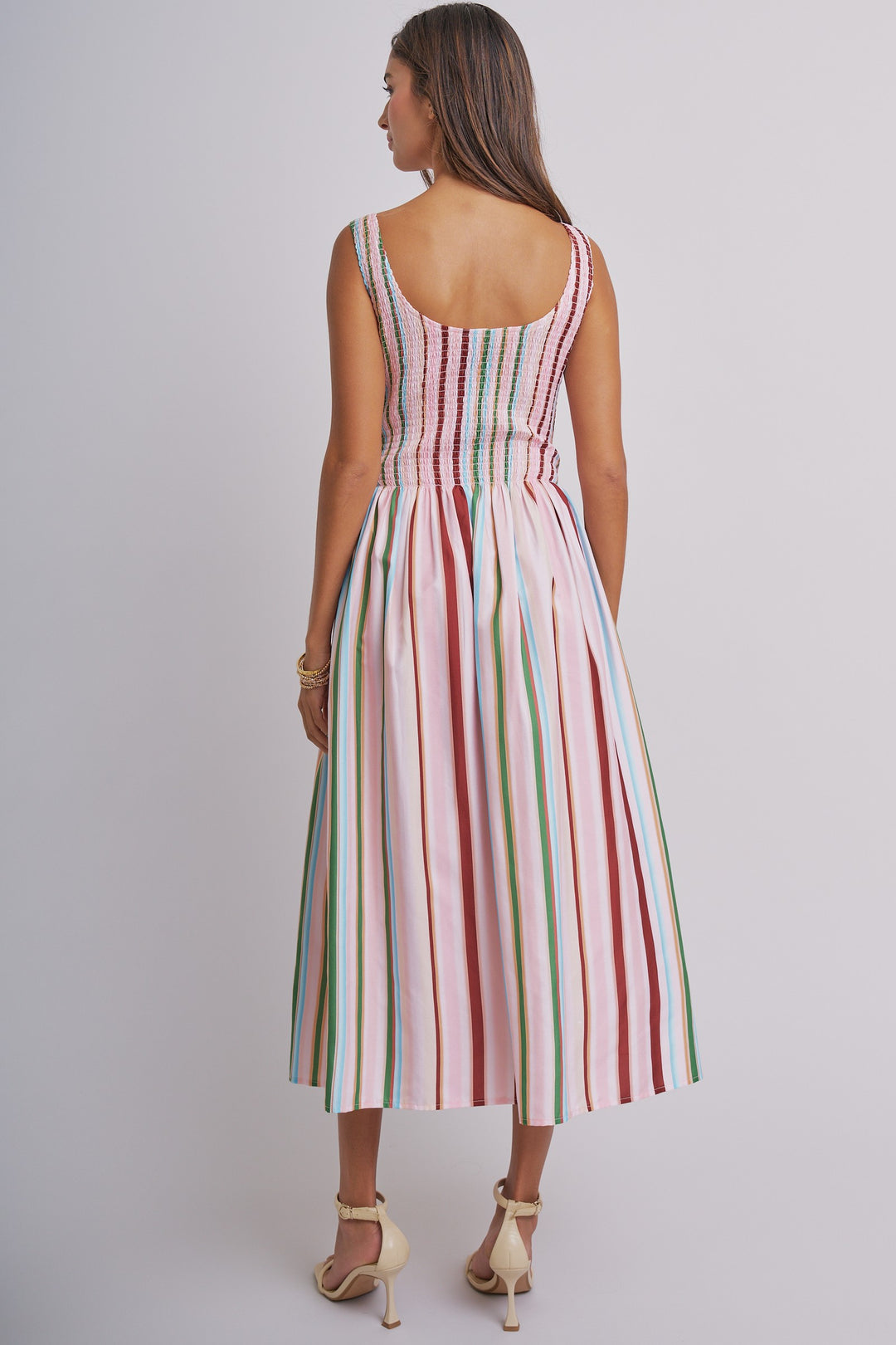 Candy Stripe Smocked Midi Dress in Multi - Women's Wholesale Dresses | Trend Notes