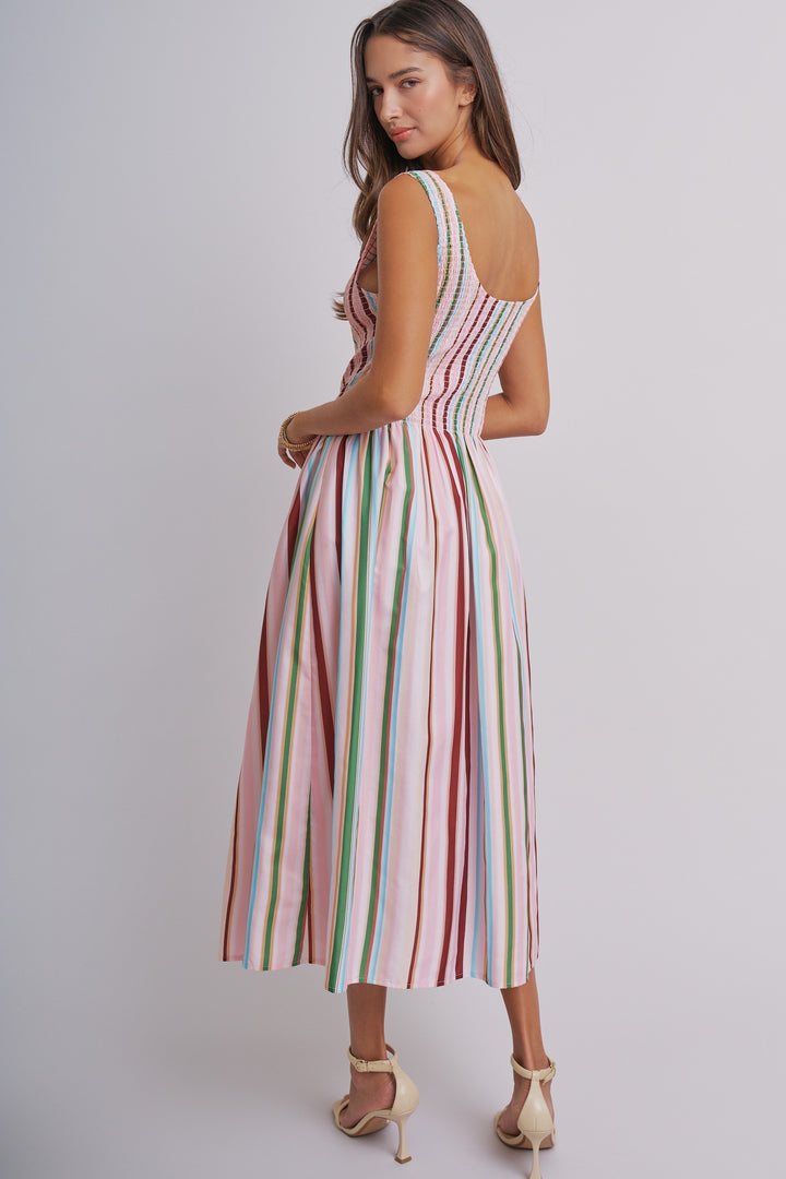Candy Stripe Smocked Midi Dress in Multi - Women's Wholesale Dresses | Trend Notes