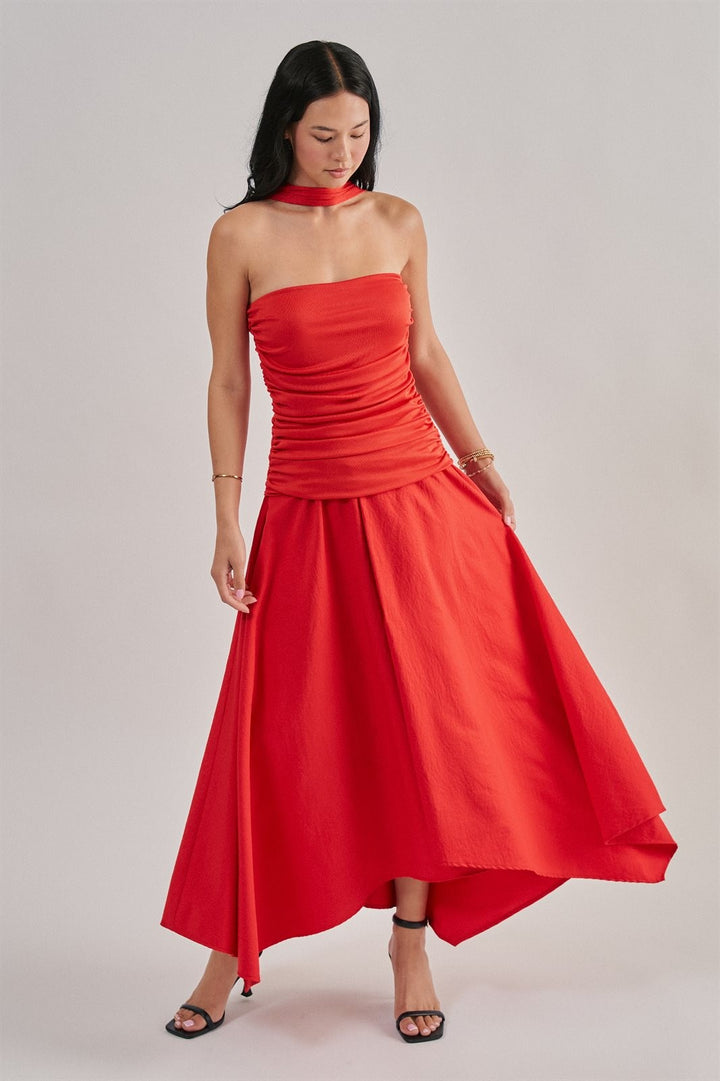 Strapless Ruched Bodice Asymmetrical Midi Dress in Red - Women's Wholesale Cocktail Dresses | Trend Notes