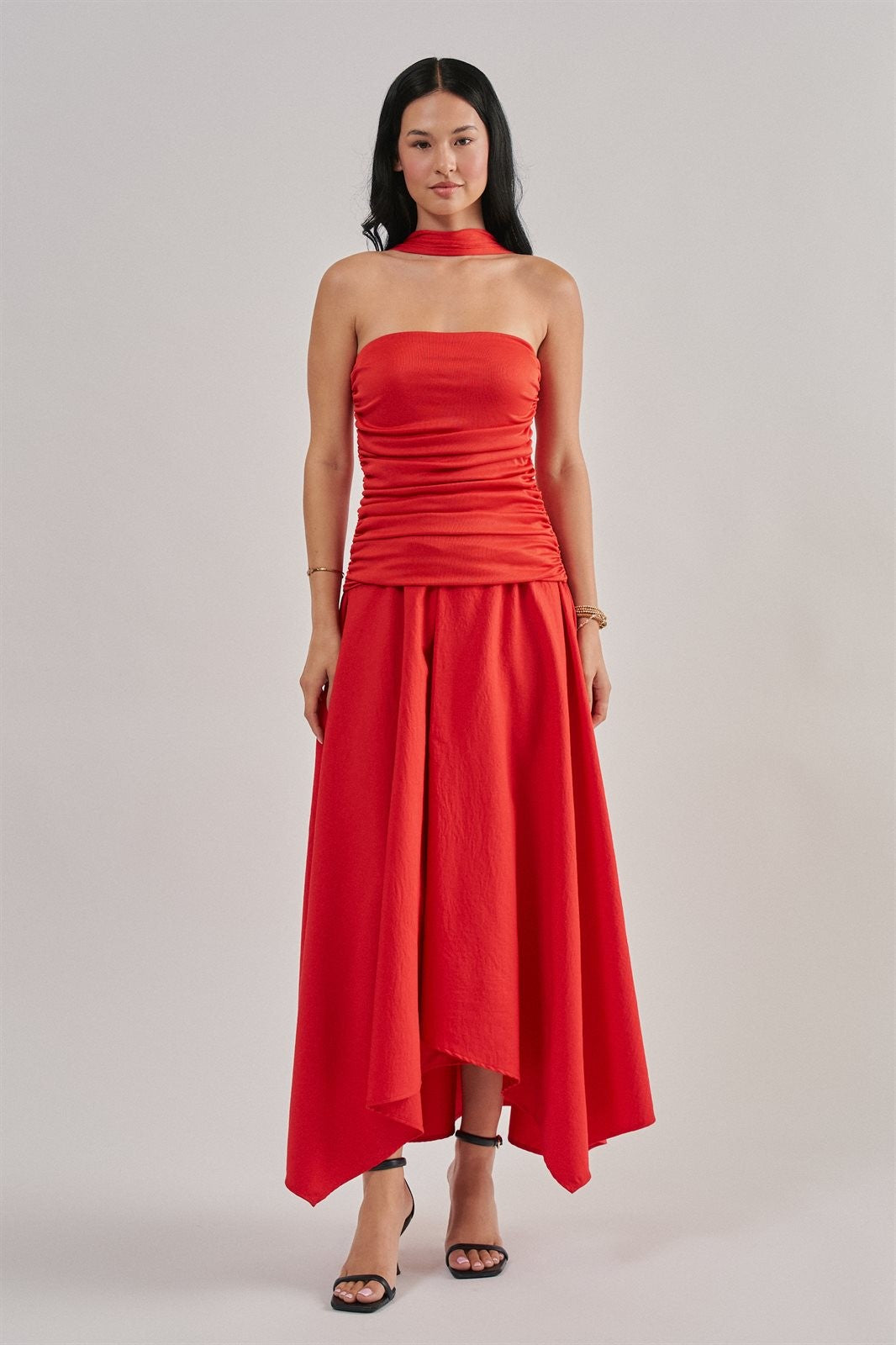 Strapless Ruched Bodice Asymmetrical Midi Dress in Red - Women's Wholesale Cocktail Dresses | Trend Notes