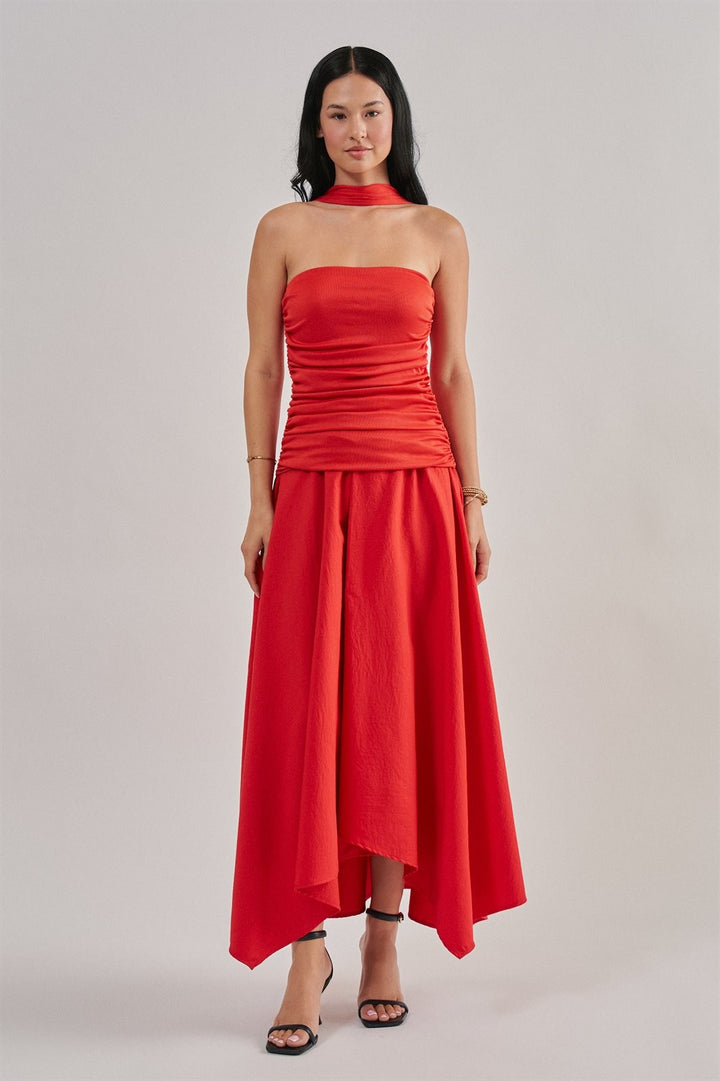 Strapless Ruched Bodice Asymmetrical Midi Dress in Red - Women's Wholesale Cocktail Dresses | Trend Notes