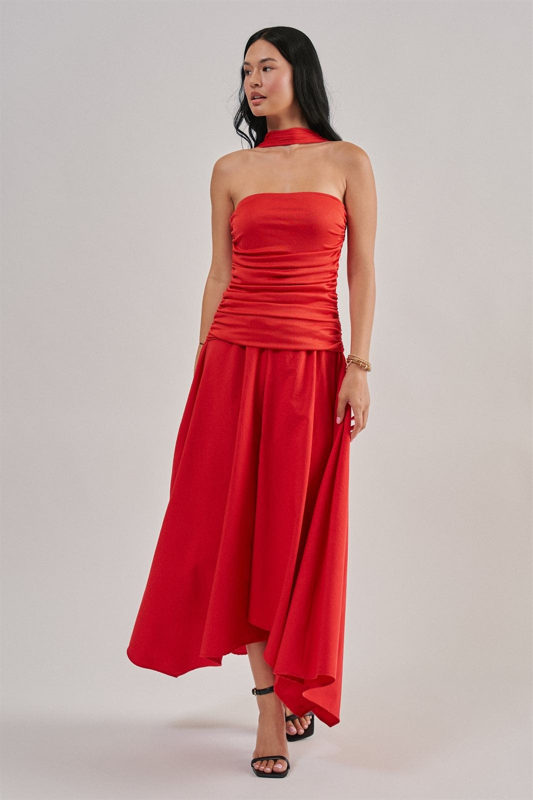 Strapless Ruched Bodice Asymmetrical Midi Dress in Red - Women's Wholesale Cocktail Dresses | Trend Notes