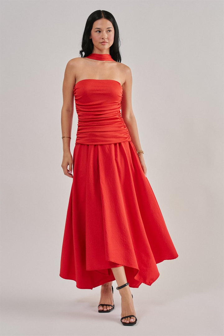 Strapless Ruched Bodice Asymmetrical Midi Dress in Red - Women's Wholesale Cocktail Dresses | Trend Notes