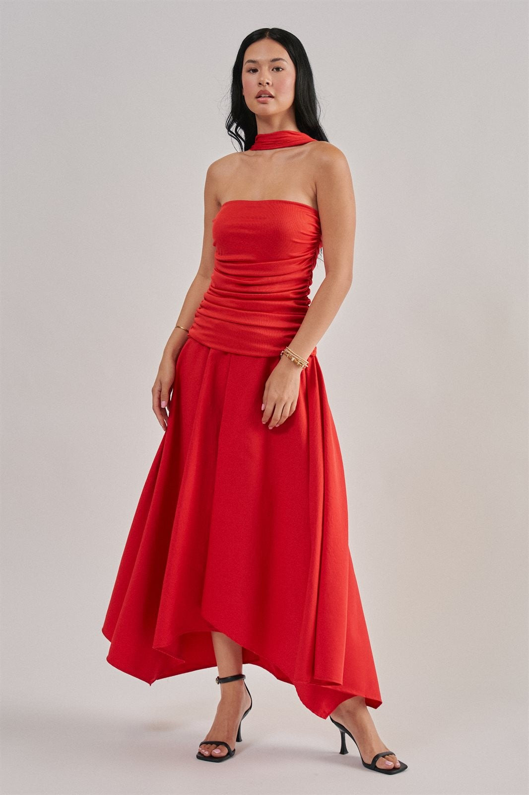 Strapless Ruched Bodice Asymmetrical Midi Dress in Red - Women's Wholesale Cocktail Dresses | Trend Notes