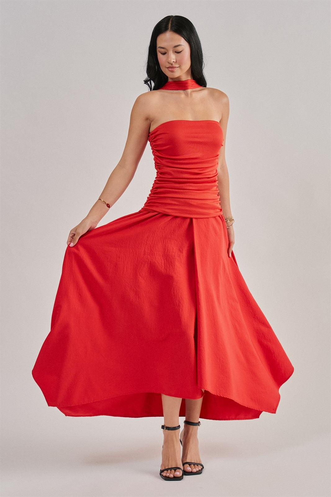 Strapless Ruched Bodice Asymmetrical Midi Dress in Red - Women's Wholesale Cocktail Dresses | Trend Notes