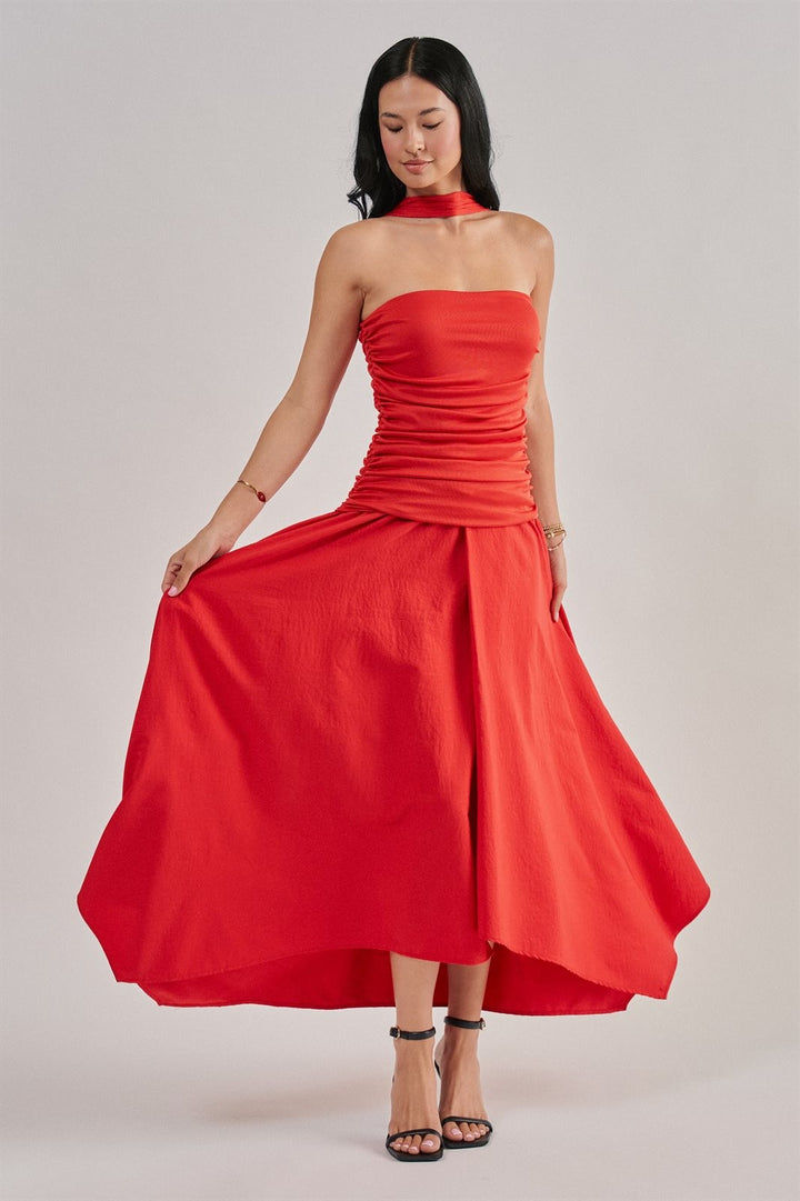 Strapless Ruched Bodice Asymmetrical Midi Dress in Red - Women's Wholesale Cocktail Dresses | Trend Notes