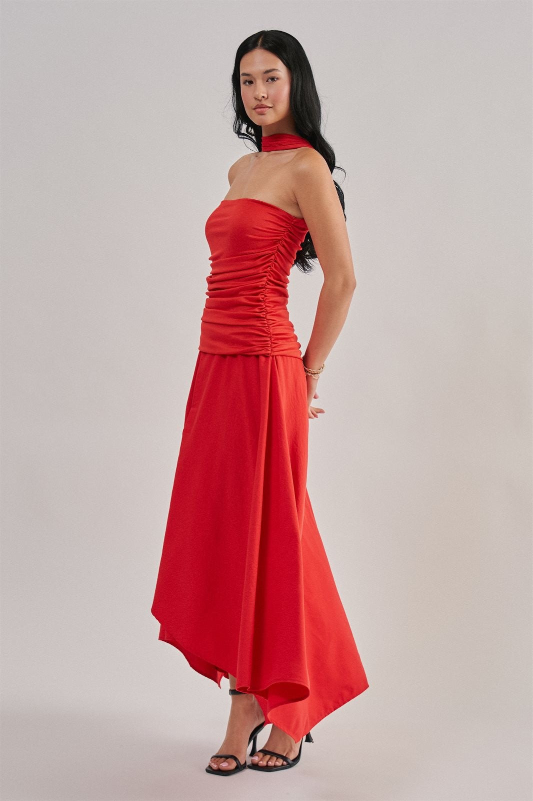 Strapless Ruched Bodice Asymmetrical Midi Dress in Red - Women's Wholesale Cocktail Dresses | Trend Notes