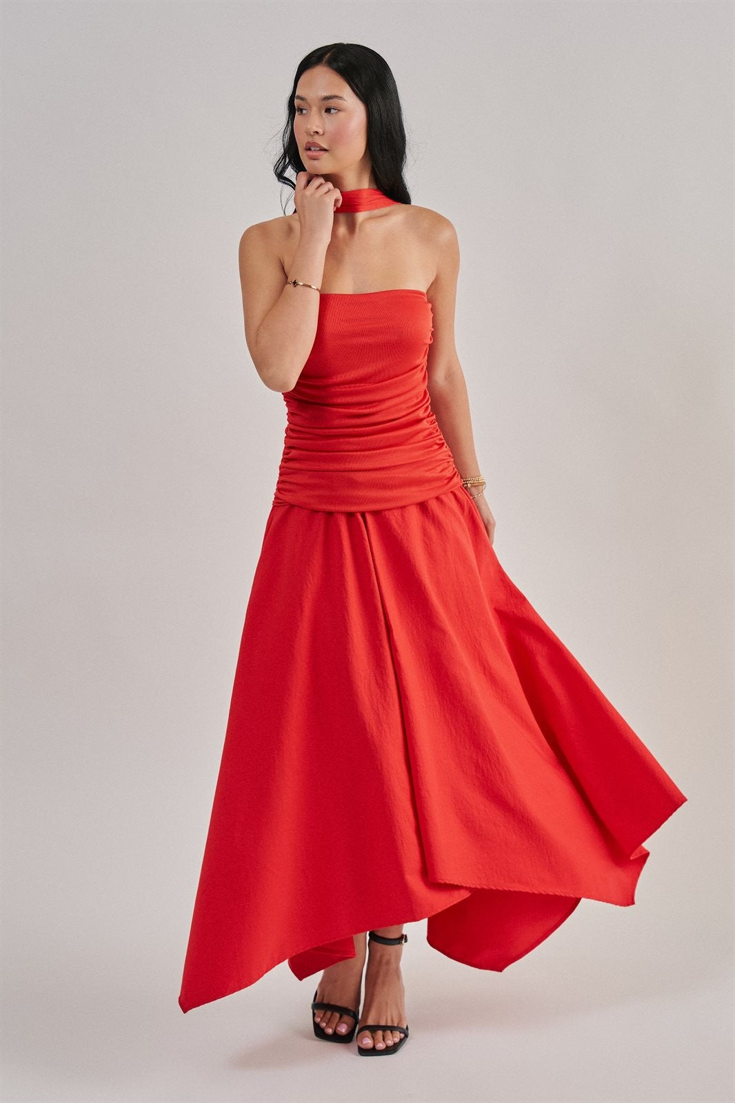 Strapless Ruched Bodice Asymmetrical Midi Dress in Red - Women's Wholesale Cocktail Dresses | Trend Notes