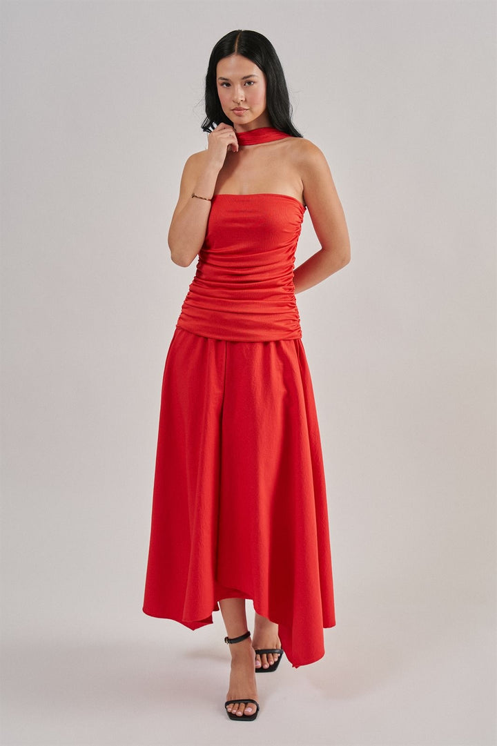 Strapless Ruched Bodice Asymmetrical Midi Dress in Red - Women's Wholesale Cocktail Dresses | Trend Notes