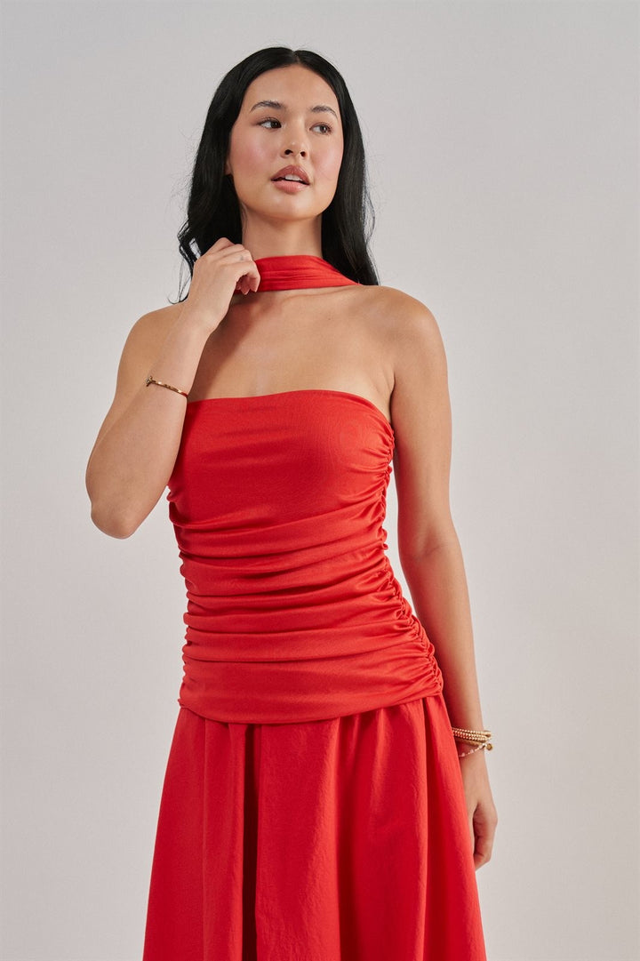 Strapless Ruched Bodice Asymmetrical Midi Dress in Red - Women's Wholesale Cocktail Dresses | Trend Notes