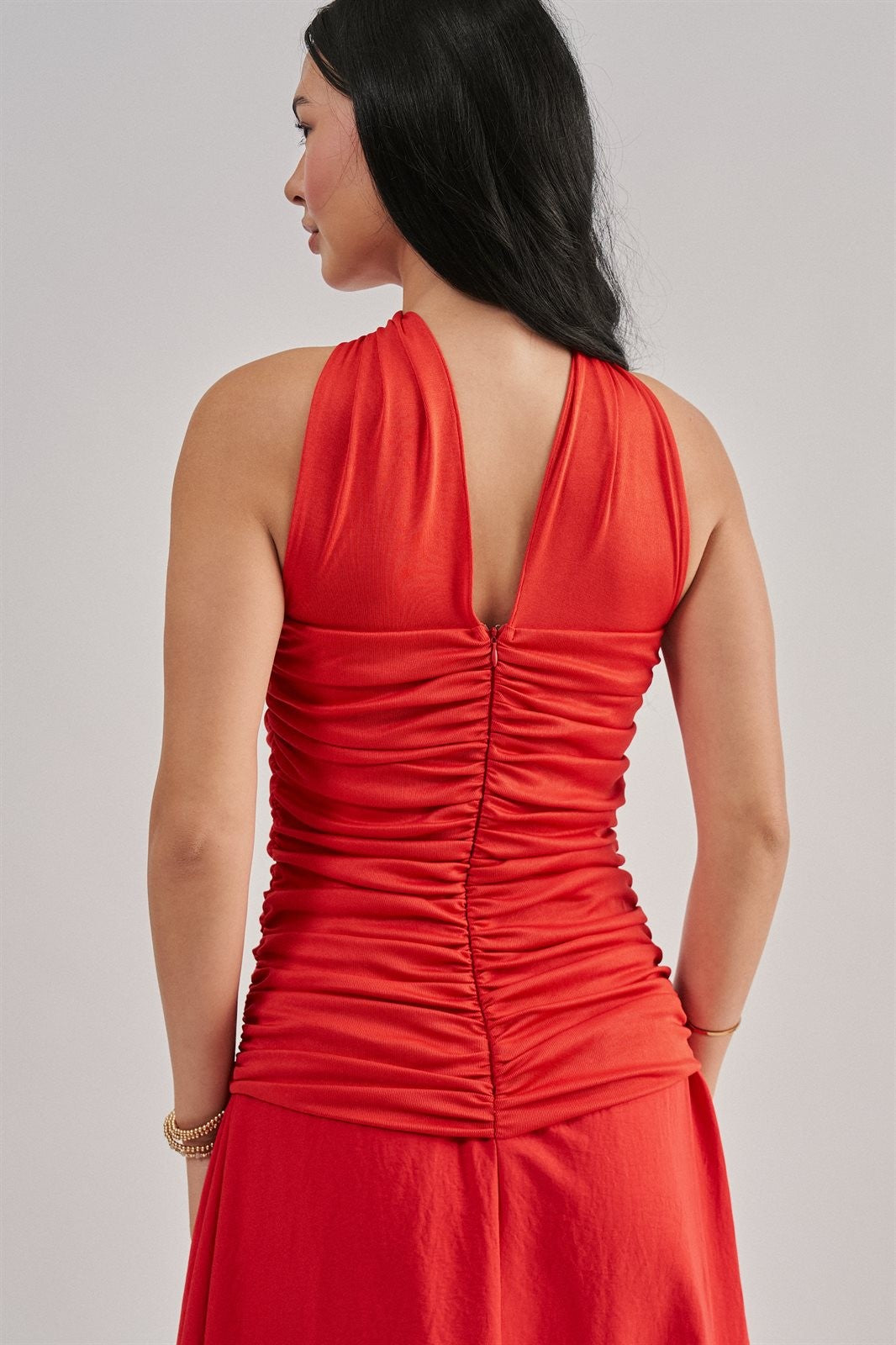 Strapless Ruched Bodice Asymmetrical Midi Dress in Red - Women's Wholesale Cocktail Dresses | Trend Notes