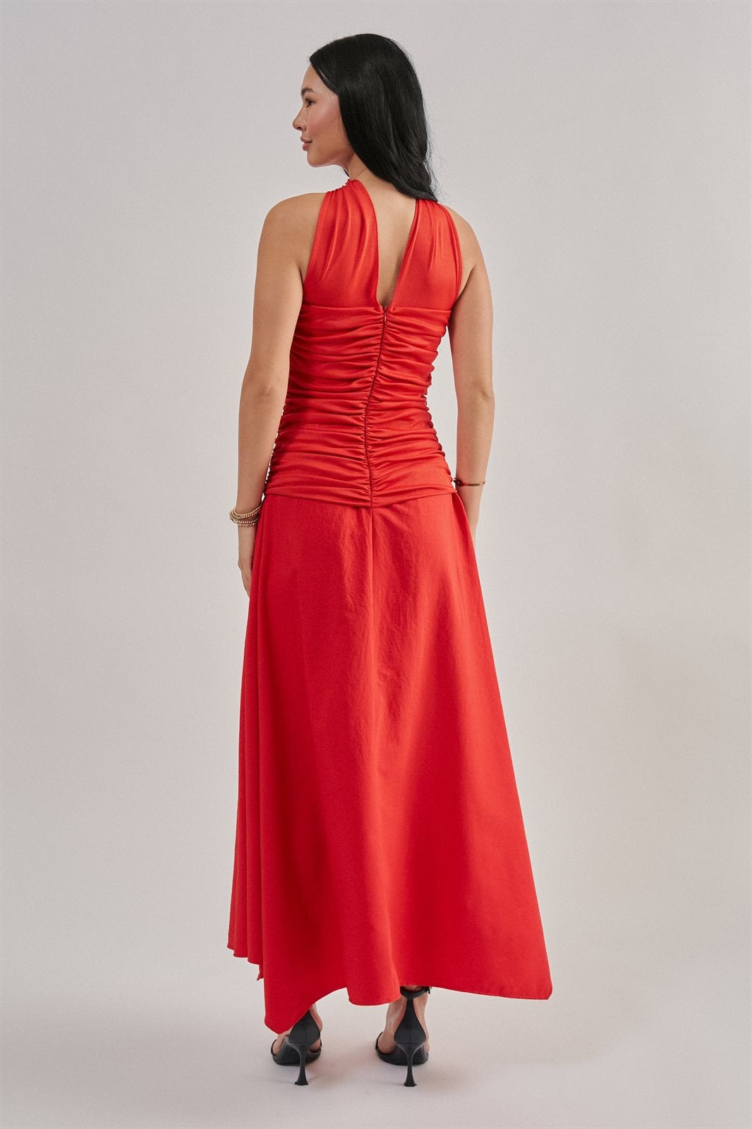 Strapless Ruched Bodice Asymmetrical Midi Dress in Red - Women's Wholesale Cocktail Dresses | Trend Notes