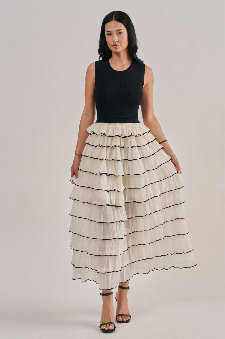 Tiered Ruffle Maxi Dress With Contrast Trim in Black - Women's Wholesale Cocktail Dresses | Trend Notes