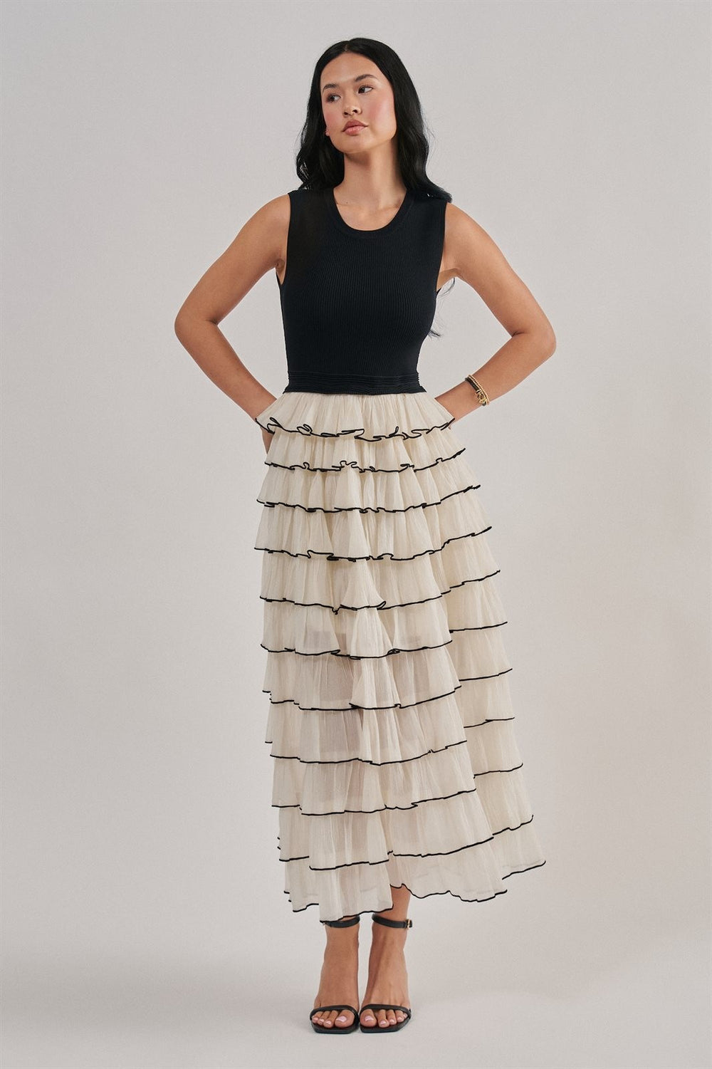 Tiered Ruffle Maxi Dress With Contrast Trim in Black - Women's Wholesale Cocktail Dresses | Trend Notes