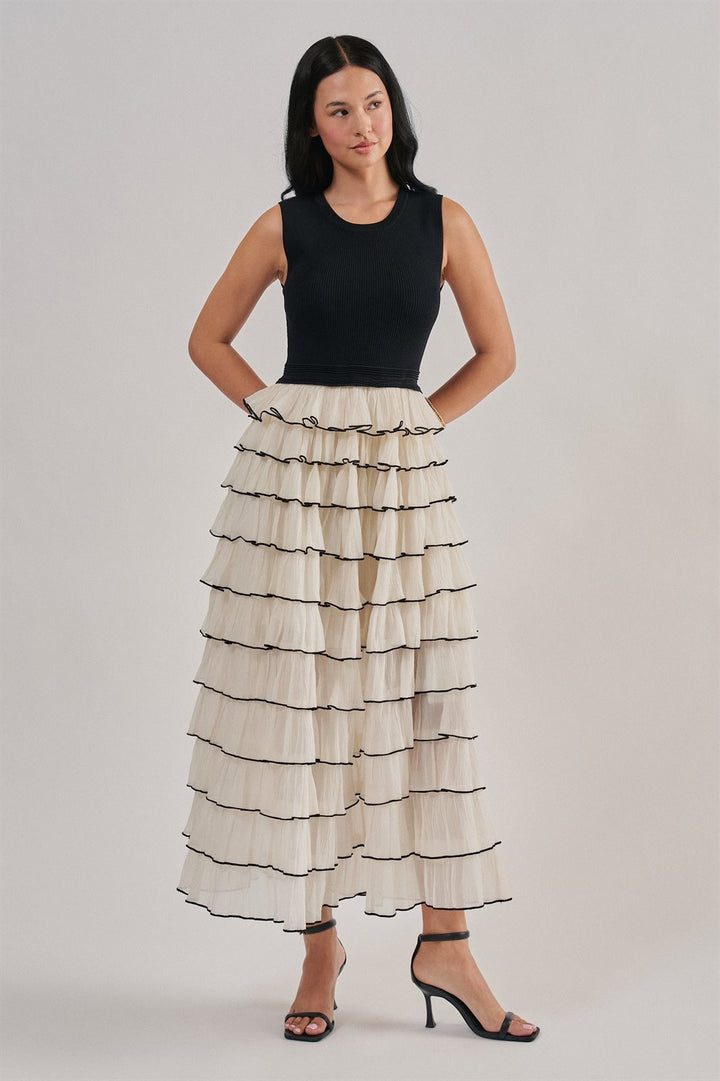 Tiered Ruffle Maxi Dress With Contrast Trim in Black - Women's Wholesale Cocktail Dresses | Trend Notes