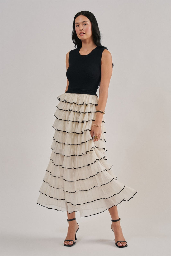 Tiered Ruffle Maxi Dress With Contrast Trim in Black - Women's Wholesale Cocktail Dresses | Trend Notes