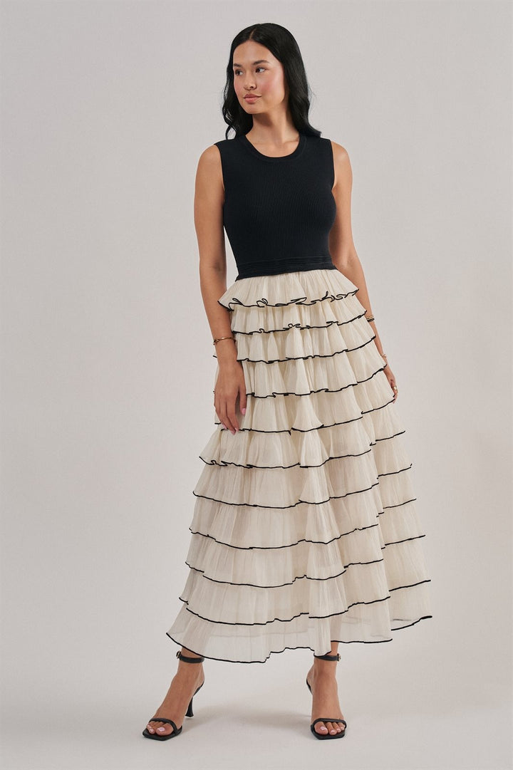 Tiered Ruffle Maxi Dress With Contrast Trim in Black - Women's Wholesale Cocktail Dresses | Trend Notes