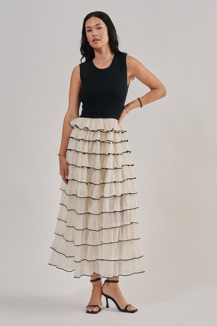 Tiered Ruffle Maxi Dress With Contrast Trim in Black - Women's Wholesale Cocktail Dresses | Trend Notes
