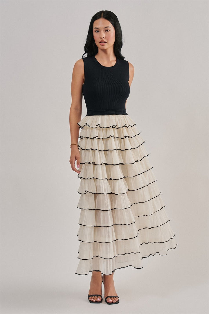 Tiered Ruffle Maxi Dress With Contrast Trim in Black - Women's Wholesale Cocktail Dresses | Trend Notes