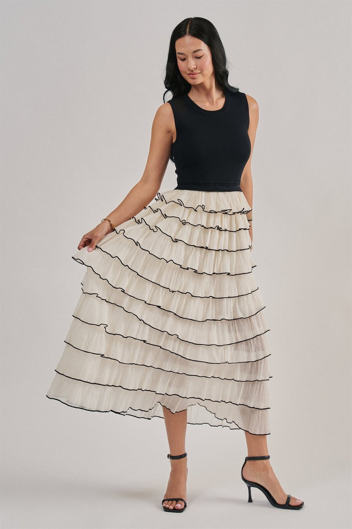Tiered Ruffle Maxi Dress With Contrast Trim in Black - Women's Wholesale Cocktail Dresses | Trend Notes