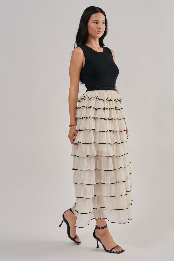 Tiered Ruffle Maxi Dress With Contrast Trim in Black - Women's Wholesale Cocktail Dresses | Trend Notes