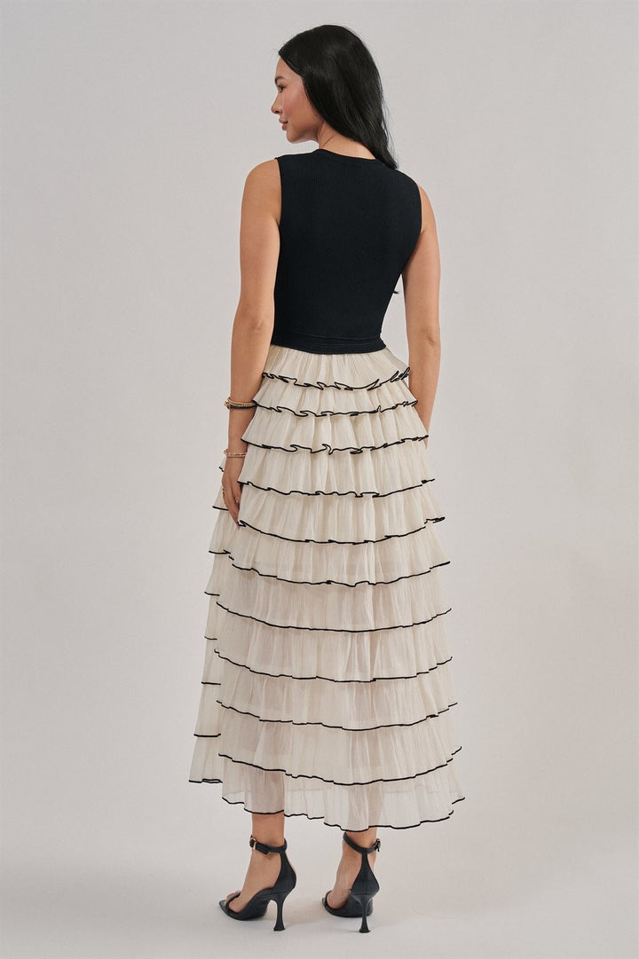 Tiered Ruffle Maxi Dress With Contrast Trim in Black - Women's Wholesale Cocktail Dresses | Trend Notes