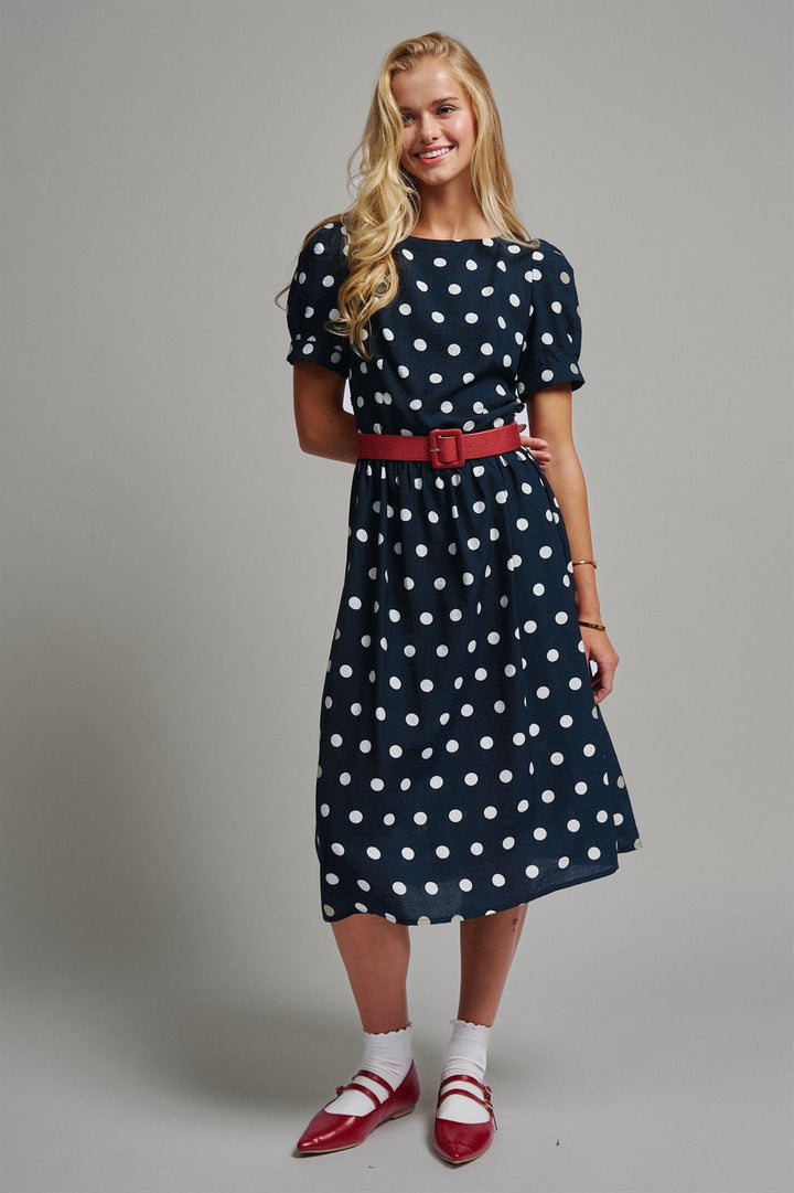 Polka Dot Belted Puff Sleeve Midi Dress in Navy - Women's Wholesale Casual Dresses | Trend Notes