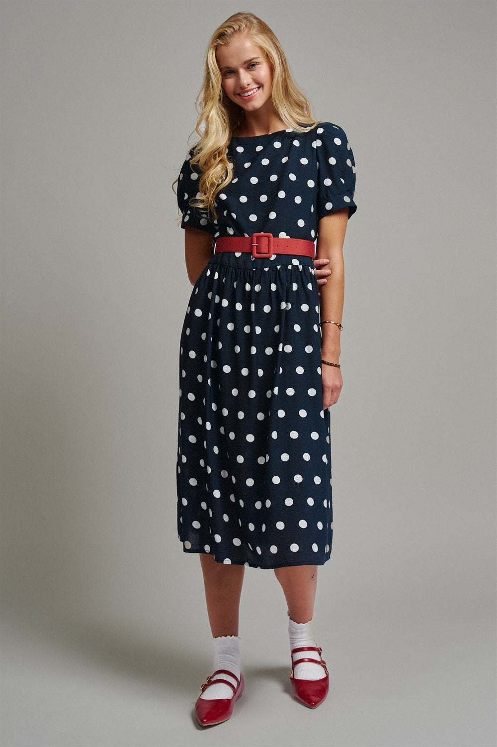 Polka Dot Belted Puff Sleeve Midi Dress in Navy - Women's Wholesale Casual Dresses | Trend Notes