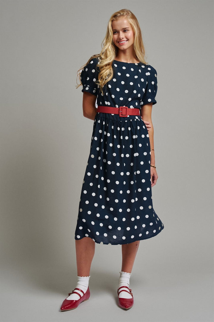Polka Dot Belted Puff Sleeve Midi Dress in Navy - Women's Wholesale Casual Dresses | Trend Notes