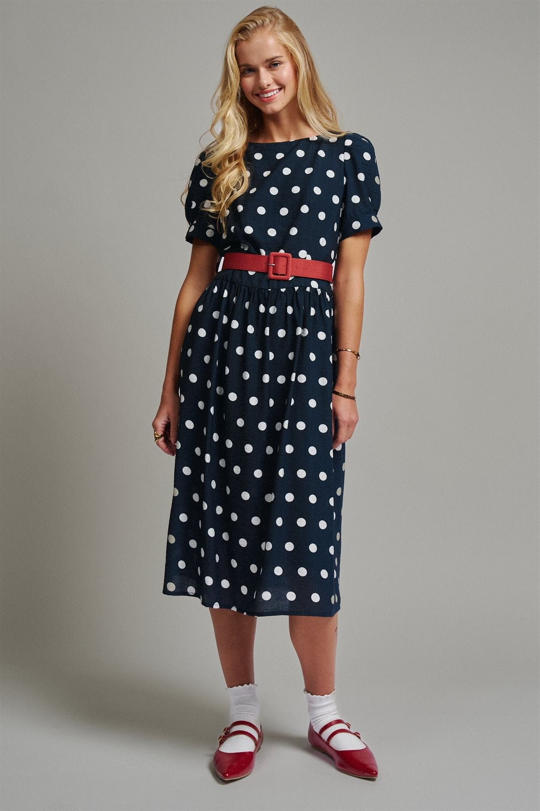 Polka Dot Belted Puff Sleeve Midi Dress in Navy - Women's Wholesale Casual Dresses | Trend Notes