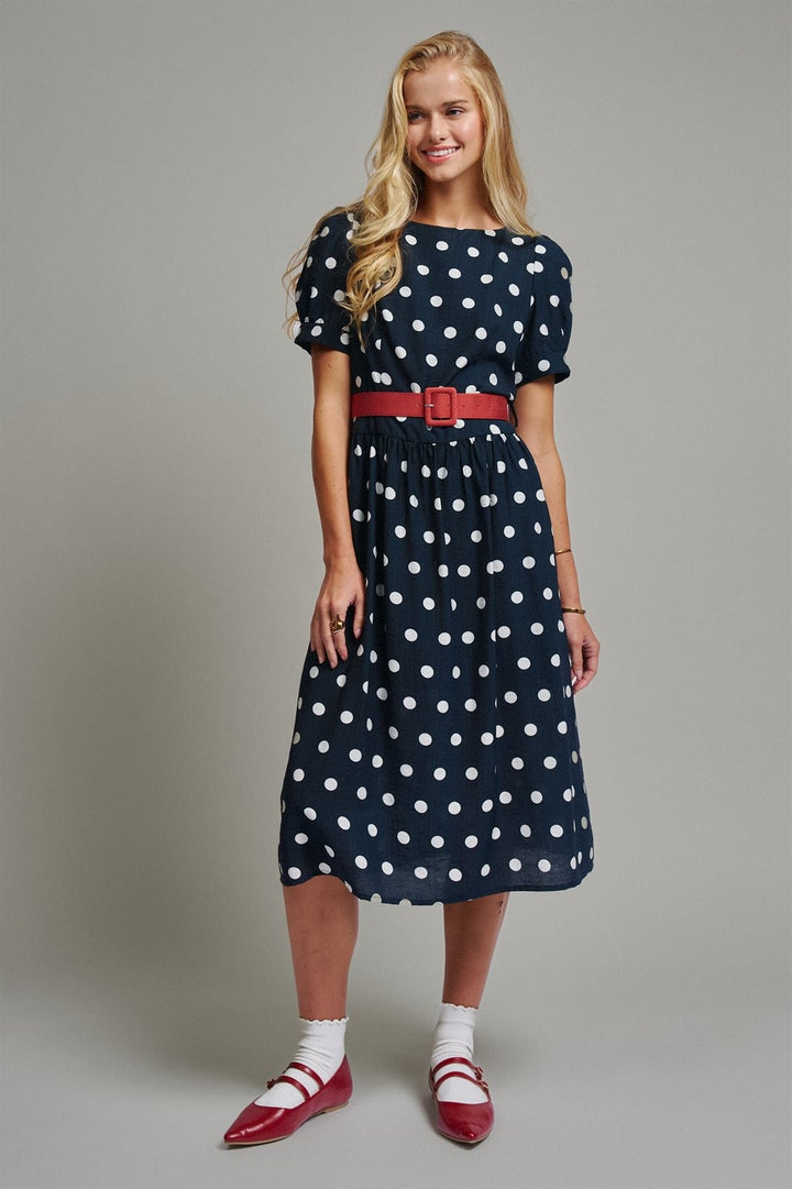 Polka Dot Belted Puff Sleeve Midi Dress in Navy - Women's Wholesale Casual Dresses | Trend Notes