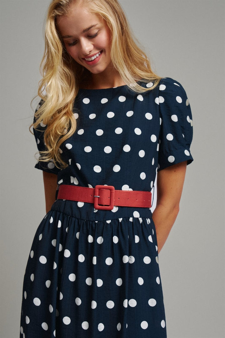 Polka Dot Belted Puff Sleeve Midi Dress in Navy - Women's Wholesale Casual Dresses | Trend Notes