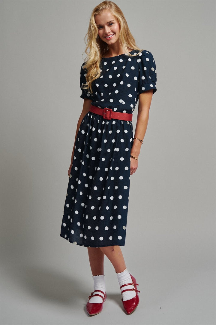 Polka Dot Belted Puff Sleeve Midi Dress in Navy - Women's Wholesale Casual Dresses | Trend Notes
