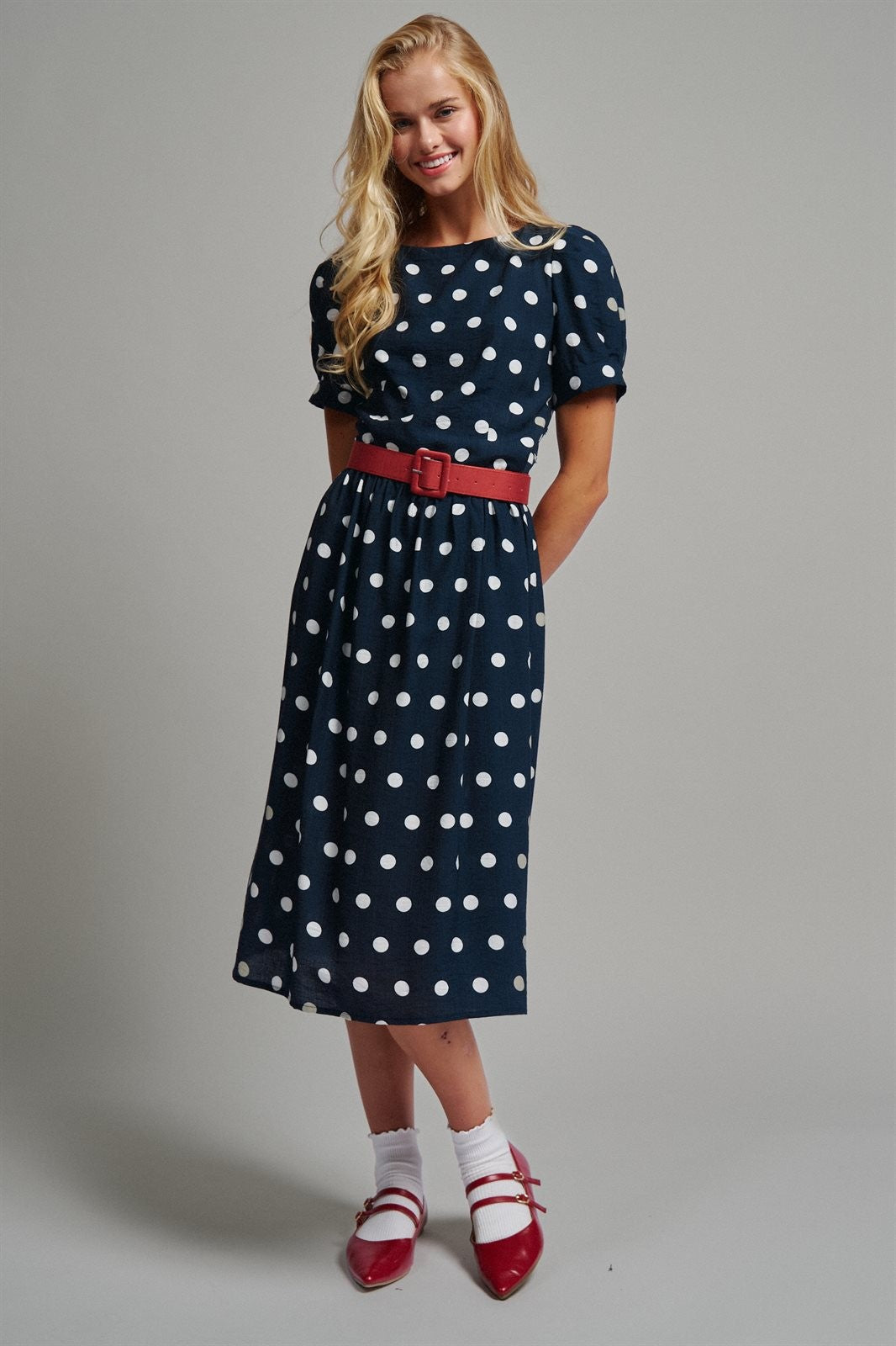 Polka Dot Belted Puff Sleeve Midi Dress in Navy - Women's Wholesale Casual Dresses | Trend Notes