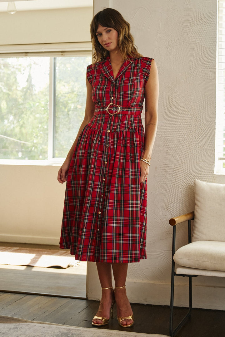 Hearthside Tartan Midi Dress in Red - Women's Wholesale Cocktail Dresses | Trend Notes