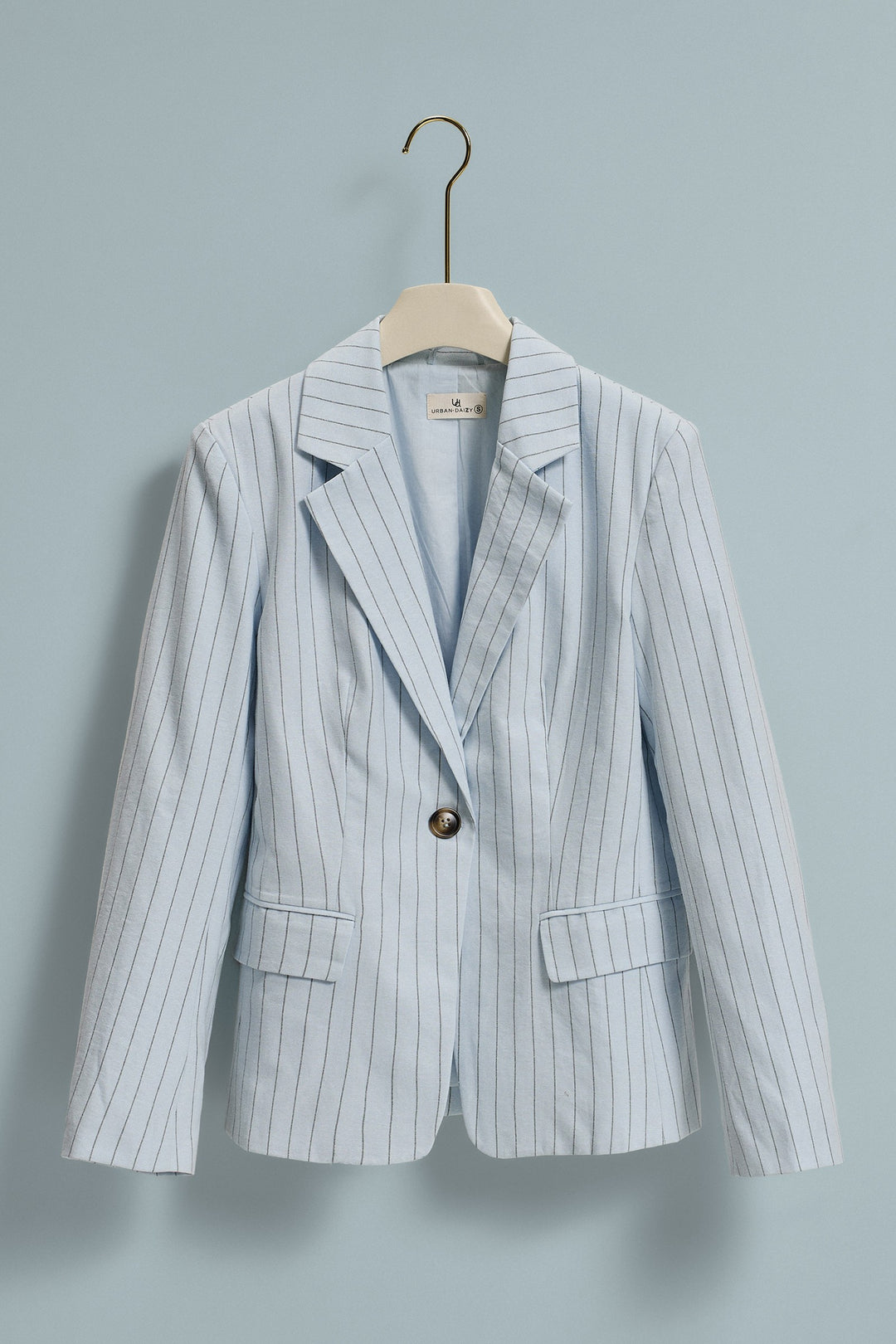 Pinstripe Single-Button Notch Lapel Blazer in Lt Blue - Women's Wholesale Fashion | Trend Notes