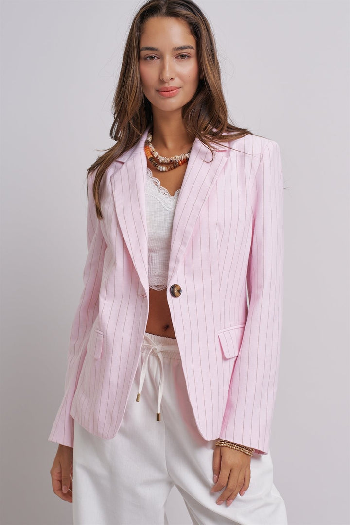 Pinstripe Single-Button Notch Lapel Blazer in Lt Pink - Women's Wholesale Fashion | Trend Notes