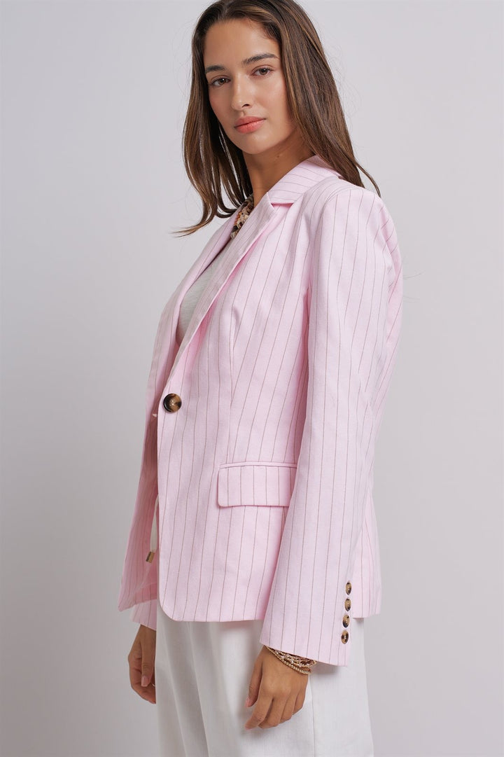 Pinstripe Single-Button Notch Lapel Blazer in Lt Pink - Women's Wholesale Fashion | Trend Notes