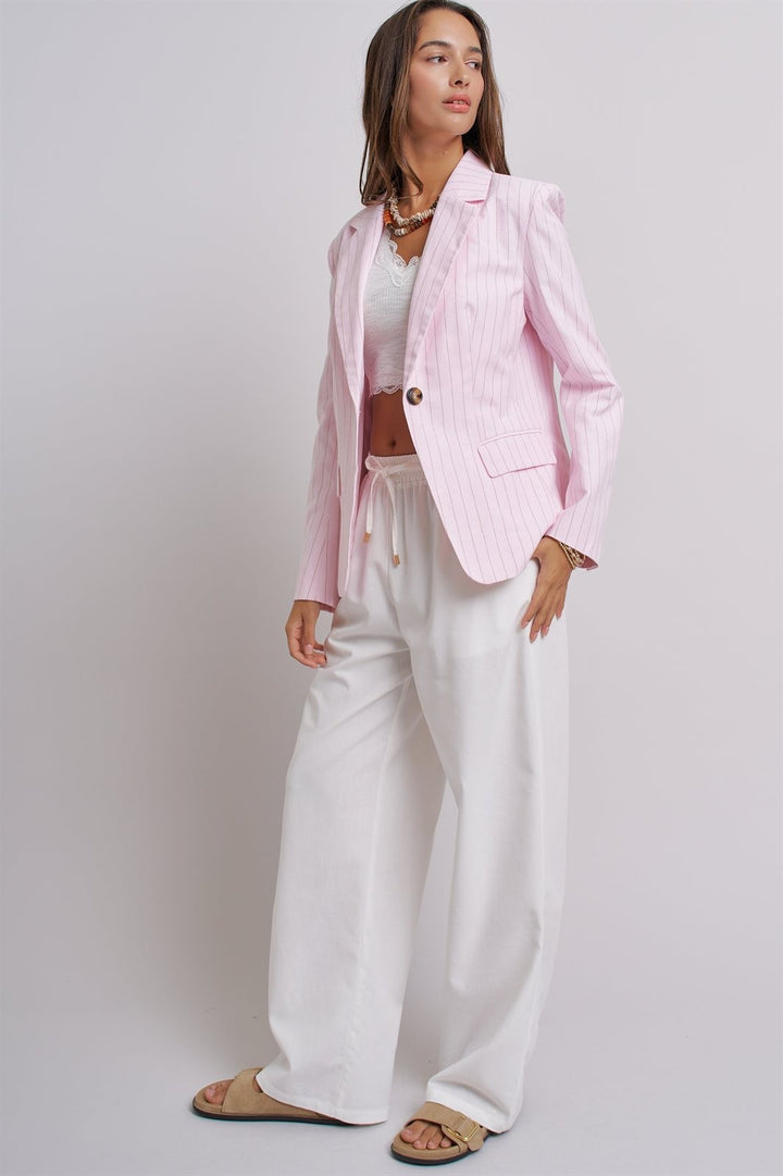 Pinstripe Single-Button Notch Lapel Blazer in Lt Pink - Women's Wholesale Fashion | Trend Notes