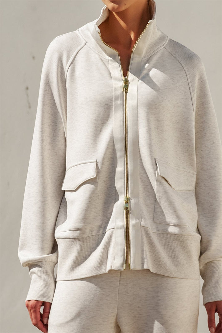 Scuba Zip Up Track Bomber Jacket Pilates Athflow for Women in White Melange - Women's Wholesale Fashion | Trend Notes