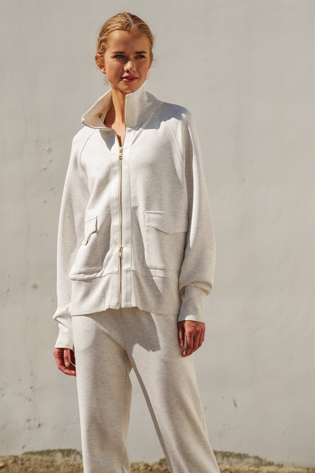 Scuba Zip Up Track Bomber Jacket Pilates Athflow for Women in White Melange - Women's Wholesale Fashion | Trend Notes
