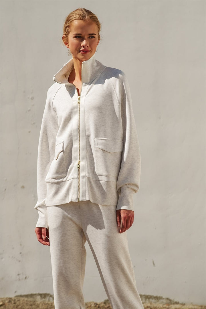 Scuba Zip Up Track Bomber Jacket Pilates Athflow for Women in White Melange - Women's Wholesale Fashion | Trend Notes