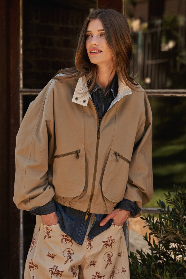 Cotton Twill Harrington Jacket With Striped Lining in Khaki - Women's Wholesale Jackets & Blazers | Trend Notes