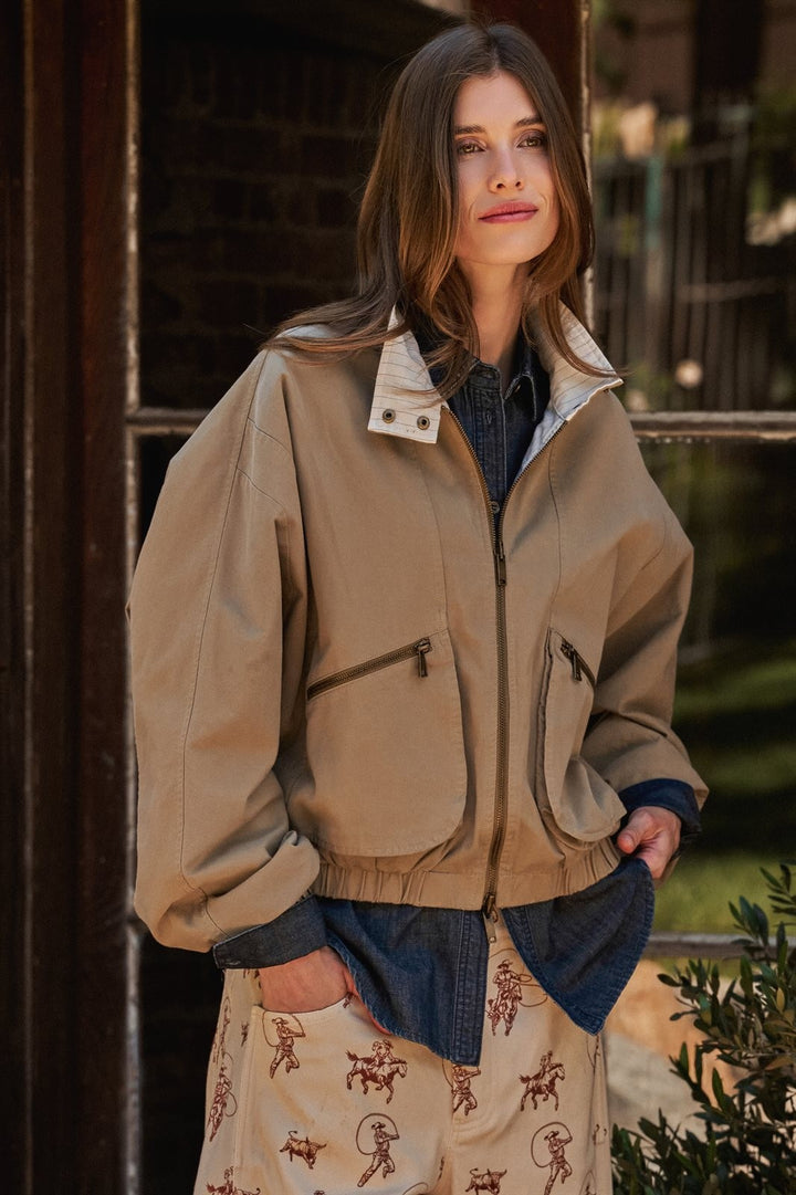 Cotton Twill Harrington Jacket With Striped Lining in Khaki - Women's Wholesale Jackets & Blazers | Trend Notes